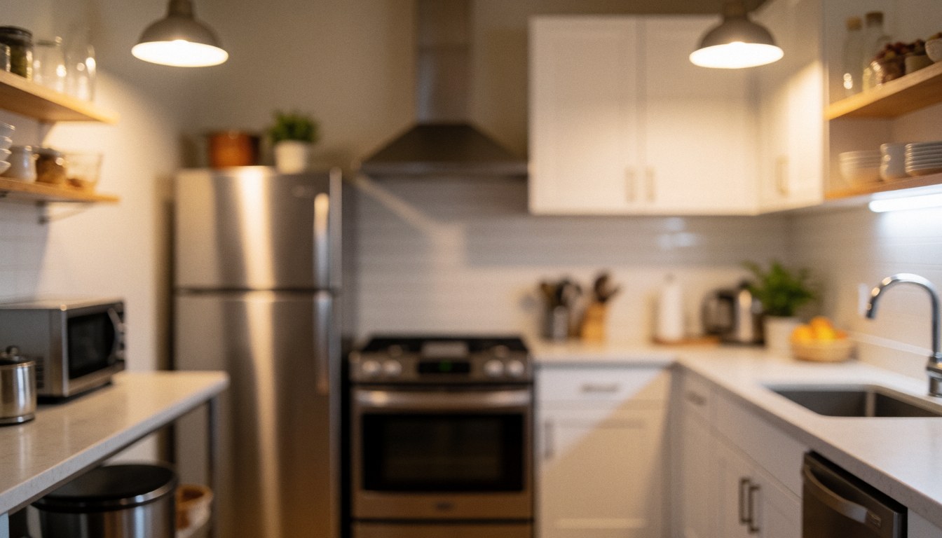 Cuisine d'auberge équipée d'appareils en acier inoxydable, de placards blancs, d'étagères en bois et baignée d'une lumière douce. Idéale pour servir de fond à un texte.