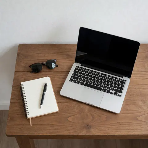 Scène de travail minimaliste avec ordinateur portable ouvert, carnet, stylo et lunettes de soleil sur une table en bois à texture visible, fond blanc et lumière naturelle.