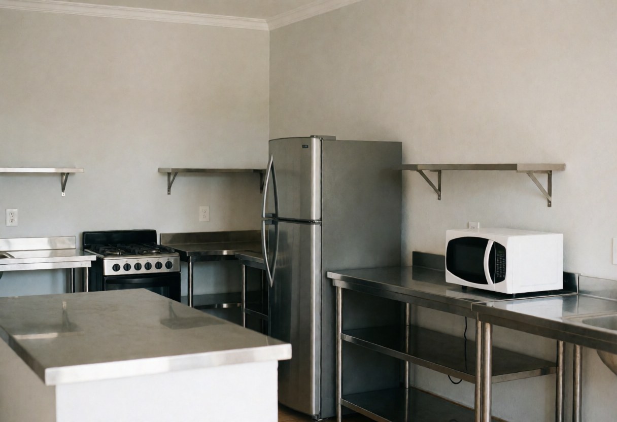 Cuisine partagée d'auberge équipée d'un réfrigérateur, d'un micro-ondes, d'une cuisinière et de surfaces en acier inoxydable propres et bien rangées.
