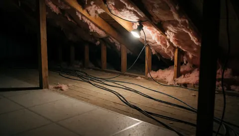 Plafond avec poutres en bois, isolation rose et câbles réseau suspendus sous un éclairage focalisé, servant de fond pour des textes sur l'installation de caméras.