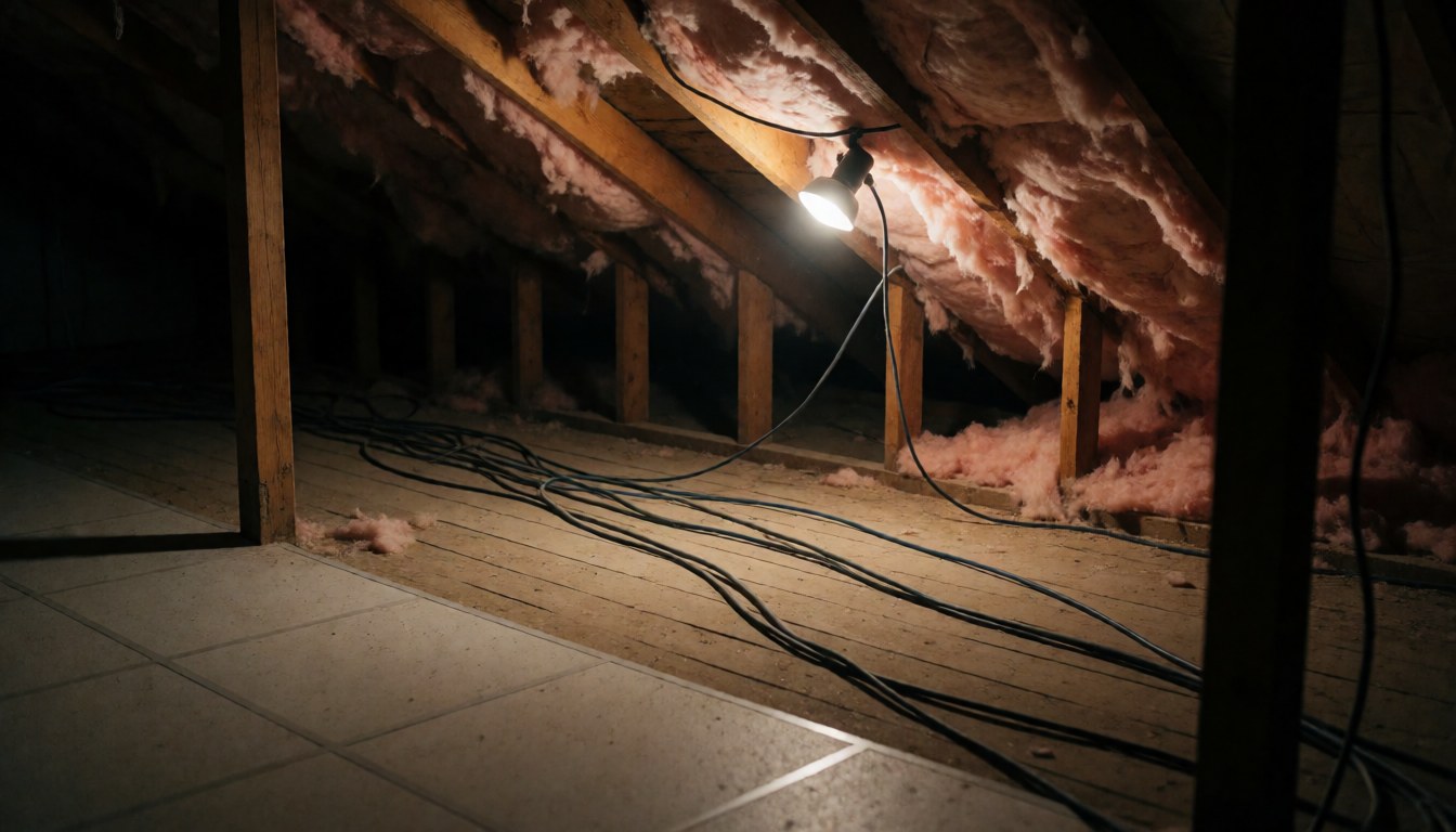 Plafond avec poutres en bois, isolation rose et câbles réseau suspendus sous un éclairage focalisé, servant de fond pour des textes sur l'installation de caméras.