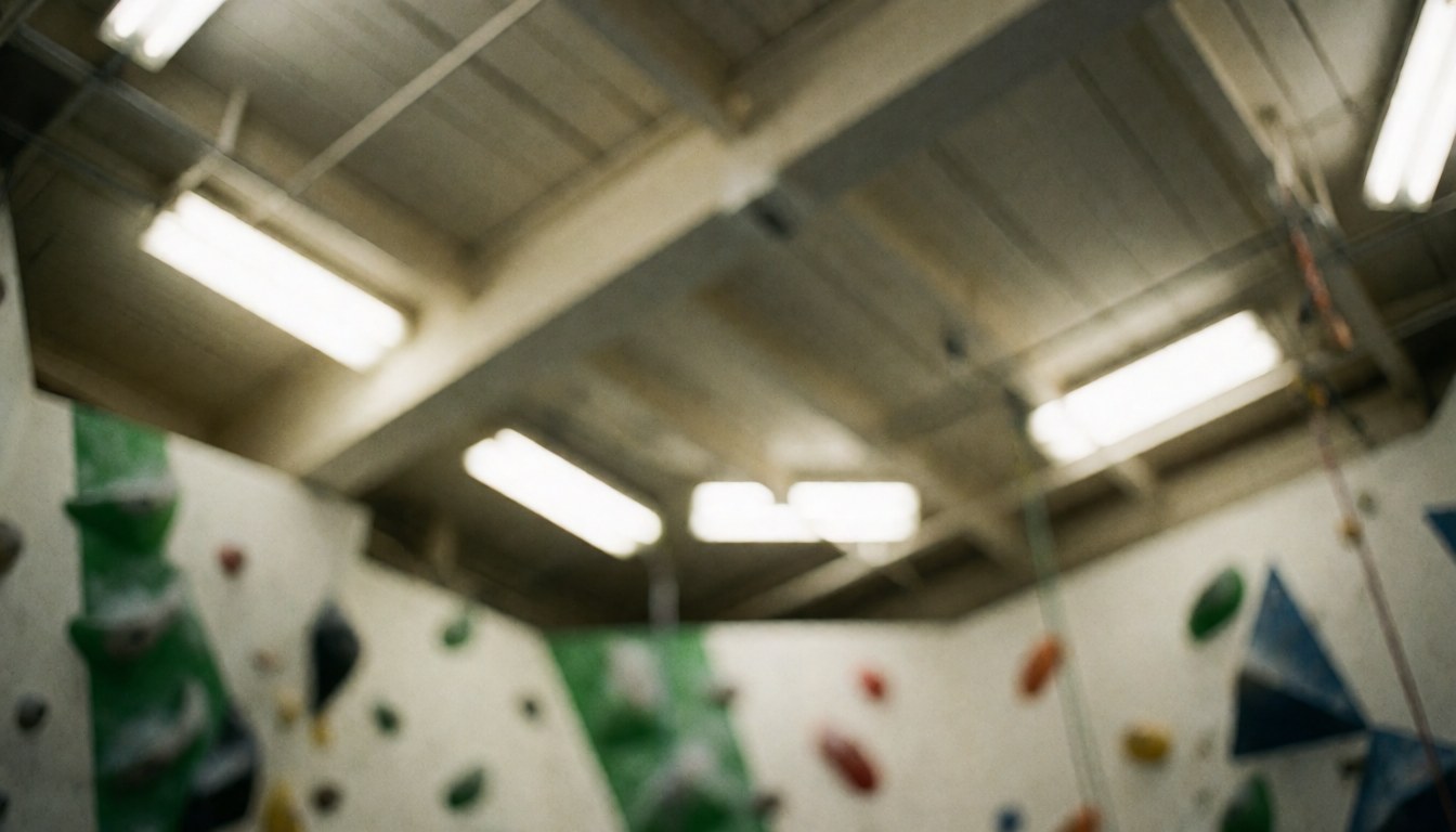 Fond de salle d'escalade avec murs équipés de prises vertes et rouges, plafond aux poutres et lumières fluorescentes flou, idéal pour ajouter du texte.