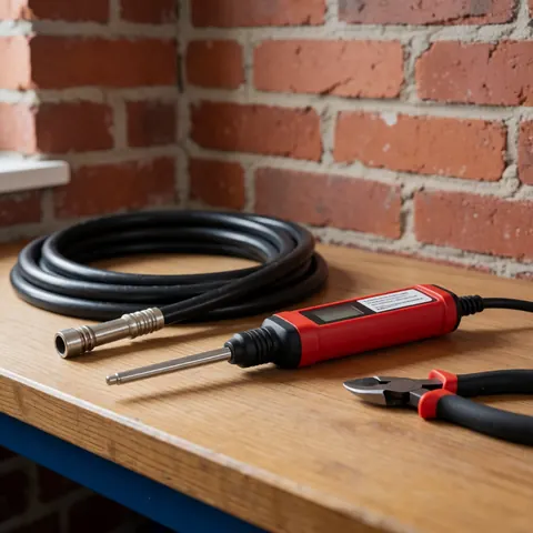 Détecteur de gaz avec câble noir et pince sur un établi en bois devant un mur de briques rouges, éclairage vif pour atelier d'installation.