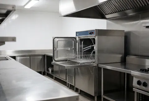 Cuisine commerciale avec lave-vaisselle ouvert, montrant son intérieur propre et prêt à l'emploi, avec des surfaces en acier inoxydable brillantes et des murs blancs.
