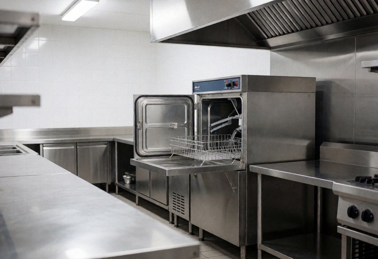 Cuisine commerciale avec lave-vaisselle ouvert, montrant son intérieur propre et prêt à l'emploi, avec des surfaces en acier inoxydable brillantes et des murs blancs.