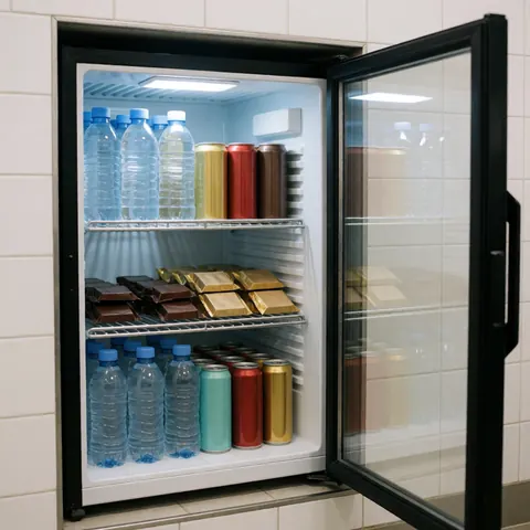 Un réfrigérateur ouvert exposant des bouteilles d'eau, des canettes de boissons et des barres de chocolat sur des étagères métalliques devant un mur carrelé blanc.