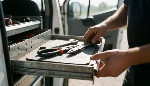 Main d'un technicien rangeant une clé à molette et des pinces dans une boîte à outils en métal, exposée à la lumière du soleil et à la poussière.