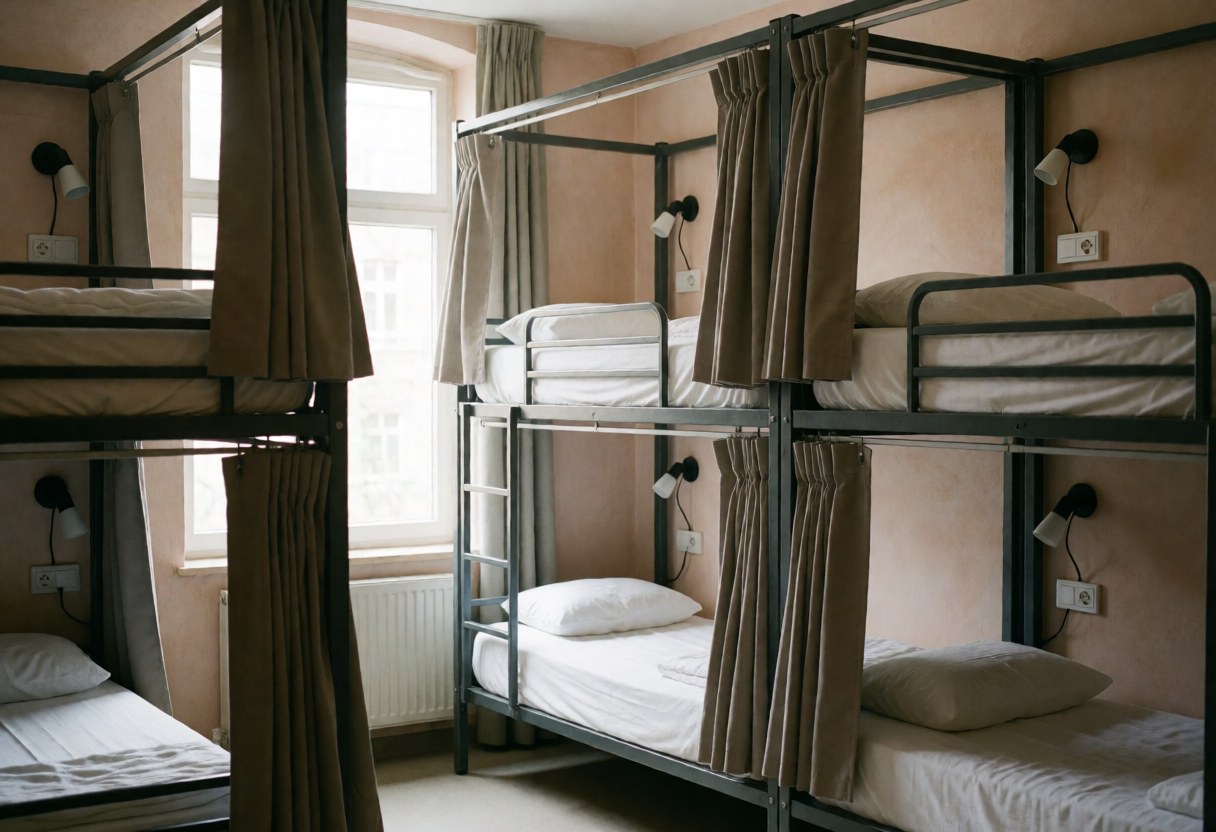 Chambre d'auberge de jeunesse équipée de lits superposés, rideaux, prises électriques et murs en terre cuite. Lumière naturelle entrant par une fenêtre.