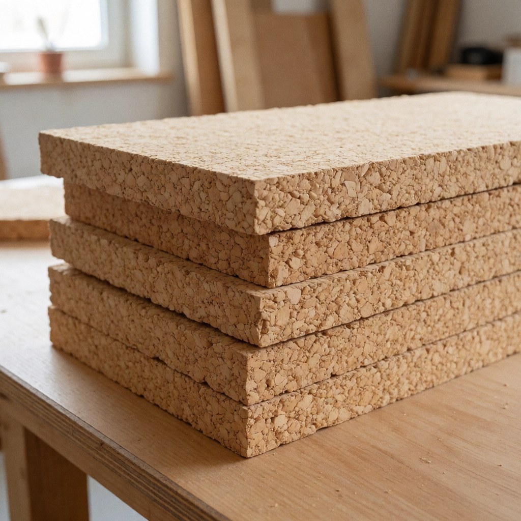 Empilement de plaques de liège naturel à texture granulaire sur une table en bois clair dans un atelier lumineux, soulignant leur qualité écologique pour l'isolation thermique.