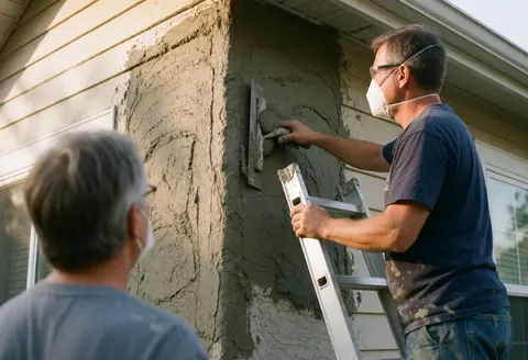 Un professionnel applique de l'enduit gris avec une spatule sur un mur, portant masque et lunettes de sécurité pendant qu'un collègue observe.