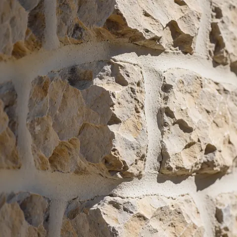 Détail macro d'un mur en pierre apparente montrant les joints de mortier, des ombres naturelles et la texture organique de la roche.