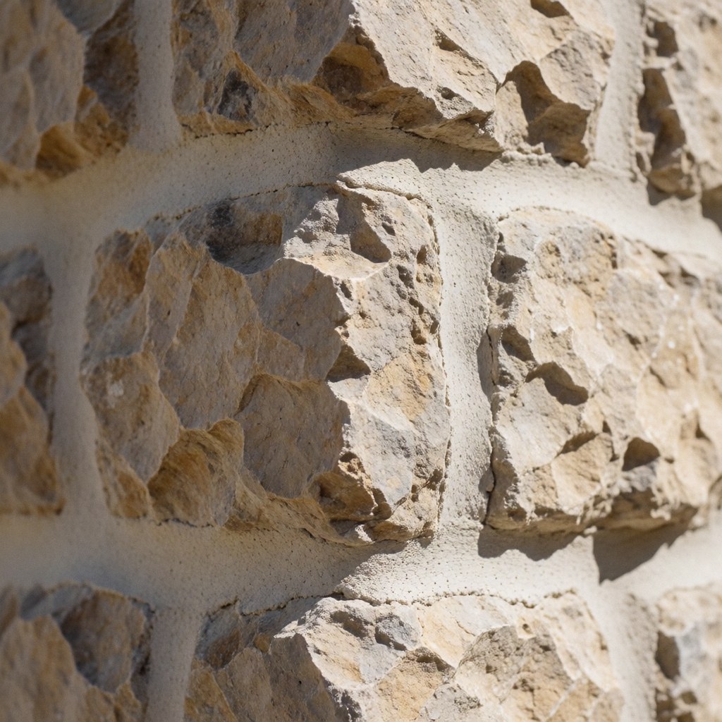 Détail macro d'un mur en pierre apparente montrant les joints de mortier, des ombres naturelles et la texture organique de la roche.