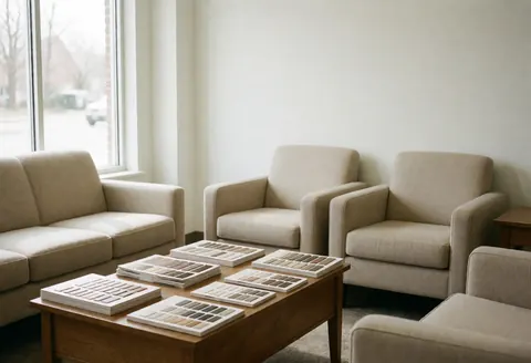 Salle d'attente avec meubles beige, catalogues de couleurs sur table en bois et lumière naturelle par fenêtre.
