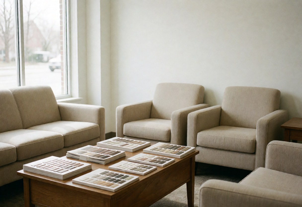 Salle d'attente avec meubles beige, catalogues de couleurs sur table en bois et lumière naturelle par fenêtre.