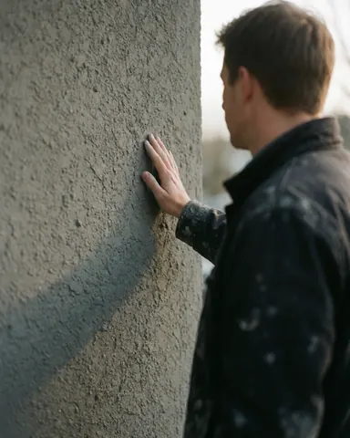 Un artisan en veste sombre touche une paroi grise à finition texturée sous lumière naturelle, mettant en valeur le détail du travail.