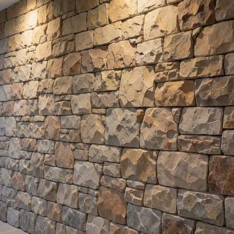Vue d'un mur extérieur en pierre irrégulière aux tons terre, avec mortier visible et éclairage chaud mettant en valeur le fini rustique.