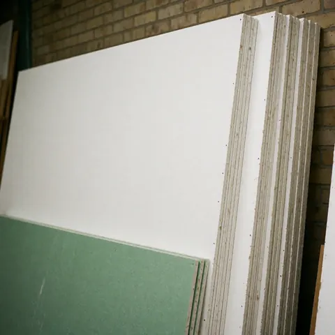 Piles de plaques de plâtre blanc et vert empilées contre un mur de briques dans un entrepôt, montrant leurs bords et surfaces lisses.