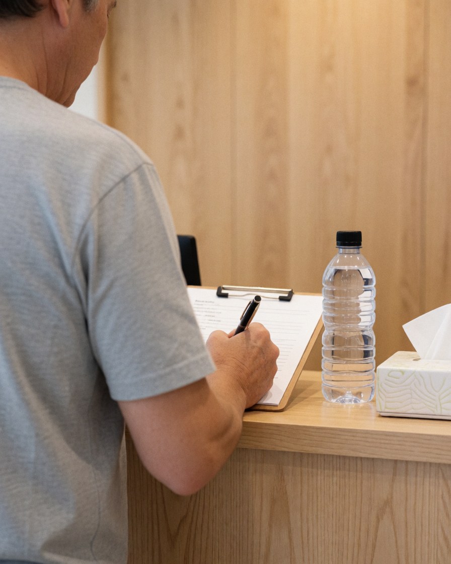 Un homme signe un document sur le bureau en bois clair de la réception, une bouteille d'eau et des mouchoirs sont posés à côté.