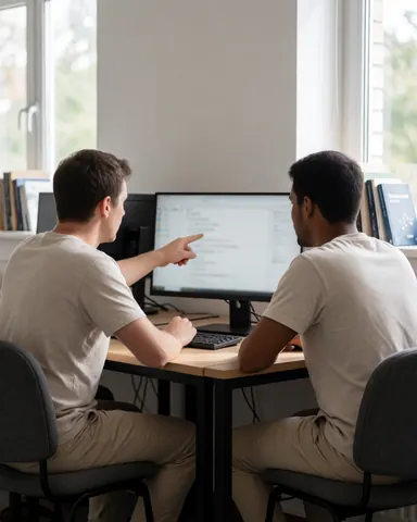 Deux individus assis face à des écrans dans une salle de formation, l'un indique l'écran pendant que l'autre observe, éclairage naturel et livres en arrière-plan.