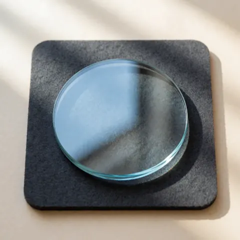 Verre de montre circulaire avec finition anti-reflet, posé sur un coussin de feutre gris, éclairé par une lumière naturelle douce, sur fond beige.