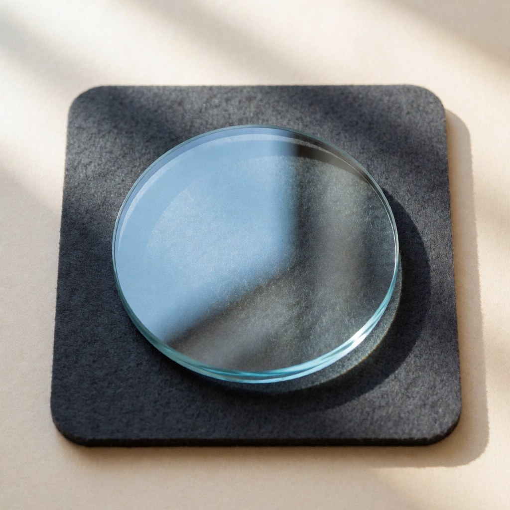 Verre de montre circulaire avec finition anti-reflet, posé sur un coussin de feutre gris, éclairé par une lumière naturelle douce, sur fond beige.