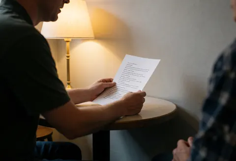 Vue de profil d'une personne assise à une table ronde, lisant un texte sous l'éclairage chaleureux d'une lampe de bureau.