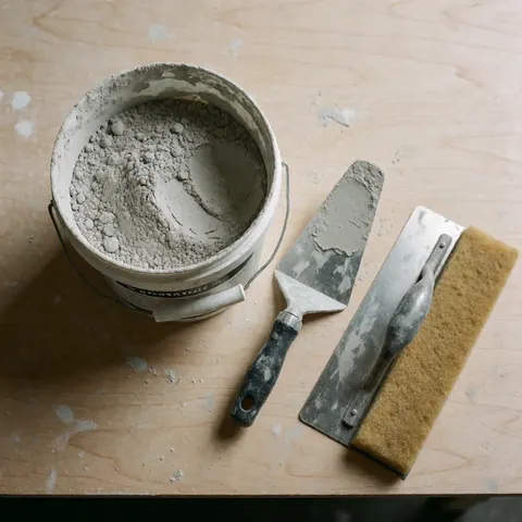 Mélange d'enduit gris dans un contenant posé sur une table en bois, accompagné de ciseaux et d'une éponge, outils de finition pour la construction.