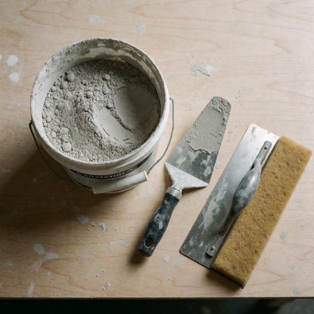 Mélange d'enduit gris dans un contenant posé sur une table en bois, accompagné de ciseaux et d'une éponge, outils de finition pour la construction.