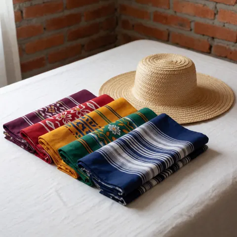 Sarongs colorés et chapeau de paille disposés sur une literie blanche, avec un mur de briques en arrière-plan, évoquant un cadre de vacances.