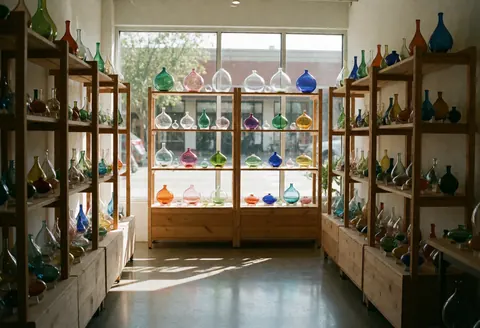 Façade et intérieur d'un atelier de verrerie exposant des objets artisanaux lumineux sur des étagères en bois.