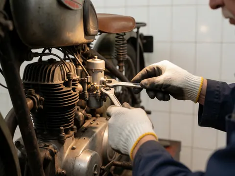 Mécanicien portant des gants ajuste un carburateur sur le moteur d'une moto ancienne à l'aide d'un outil métallique devant un mur de carreaux blancs.