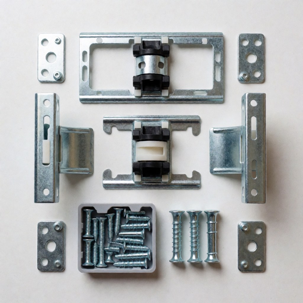 Kit de montage pour télévision démonté sur fond blanc, avec supports, vis et ancrages visibles pour une installation sécurisée.