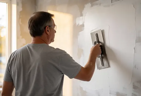 Un professionnel applique de l'enduit blanc sur un mur partiellement terminé, éclairé par une lumière chaude. Vue arrière, lunettes de sécurité et t-shirt gris.