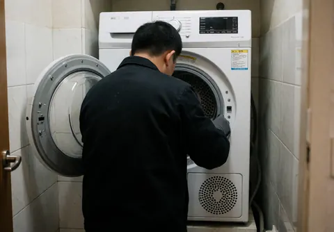 Technicien en uniforme sombre et gants inspectant la serrure d'un sèche-linge blanc dans une pièce aux murs carrelés blancs.