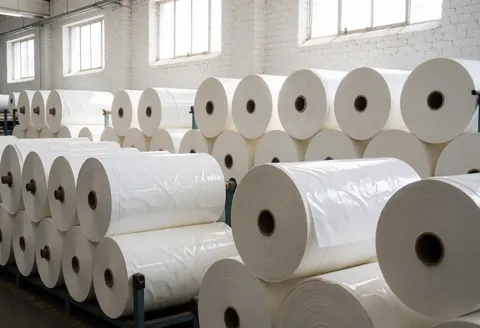 Entrepôt industriel avec de grands rouleaux de papier et de vinyle blanc sur des étagères métalliques, des murs en briques blanches et une lumière naturelle par des fenêtres hautes.