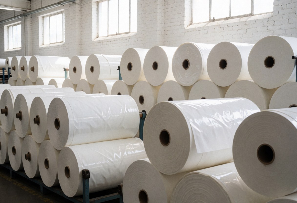Entrepôt industriel avec de grands rouleaux de papier et de vinyle blanc sur des étagères métalliques, des murs en briques blanches et une lumière naturelle par des fenêtres hautes.