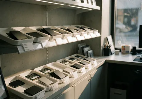 Des étagères contenant des composants informatiques comme des SSD et de la mémoire RAM dans un magasin de réparation, avec un éclairage naturel par fenêtre.