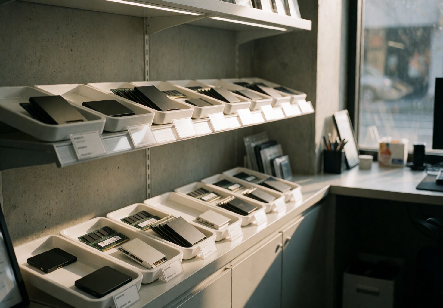 Des étagères contenant des composants informatiques comme des SSD et de la mémoire RAM dans un magasin de réparation, avec un éclairage naturel par fenêtre.