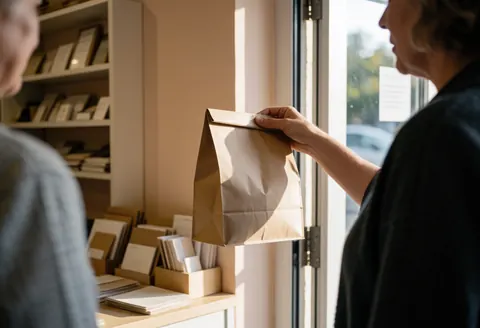 Un employé de papeterie tend un sac en papier à un client près de l'entrée, avec des étagères de produits et de la lumière naturelle.