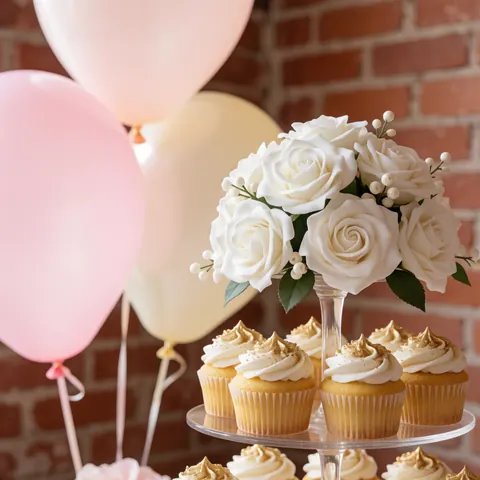 Centrale de table élégante composée de cupcakes dorés et de roses blanches disposés sur un mur en briques, idéale pour décorer des événements festifs.