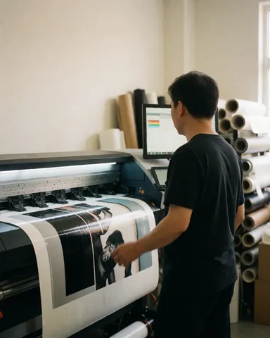 Un graphiste observe le processus d'impression sur une grande machine avec des rouleaux de vinyle en arrière-plan.