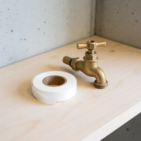 Rouleau de ruban d'étanchéité blanc posé près d'un robinet en bronze sur une surface en bois clair, utile pour la réparation de tuyauterie.