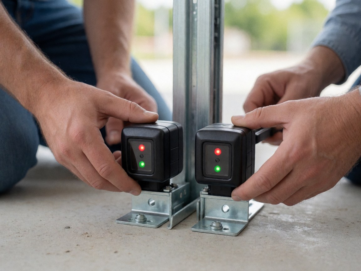 Deux capteurs infrarouges noirs fixés sur des supports métalliques au-dessus d'un sol en béton, avec des voyants rouge et vert allumés, des mains ajustant les dispositifs près d'une voie métallique verticale.