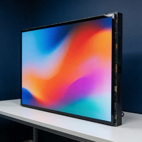 Écran LED réparé affichant un dégradé abstrait, bordures avec circuits et ventilations sur table blanche, fond bleu foncé, éclairage doux.