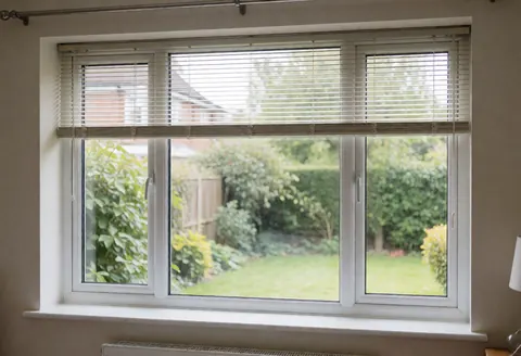 Fenêtre d'isolation blanche avec stores baissés, vue sur un jardin vert, lumière naturelle, intérieur propre et ordonné.