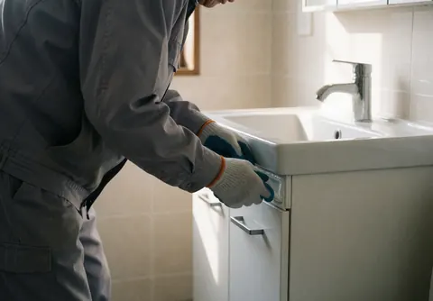 Un ouvrier ganté installe un robinet dans une salle de bain moderne baignée de lumière naturelle, dans un environnement propre et professionnel.
