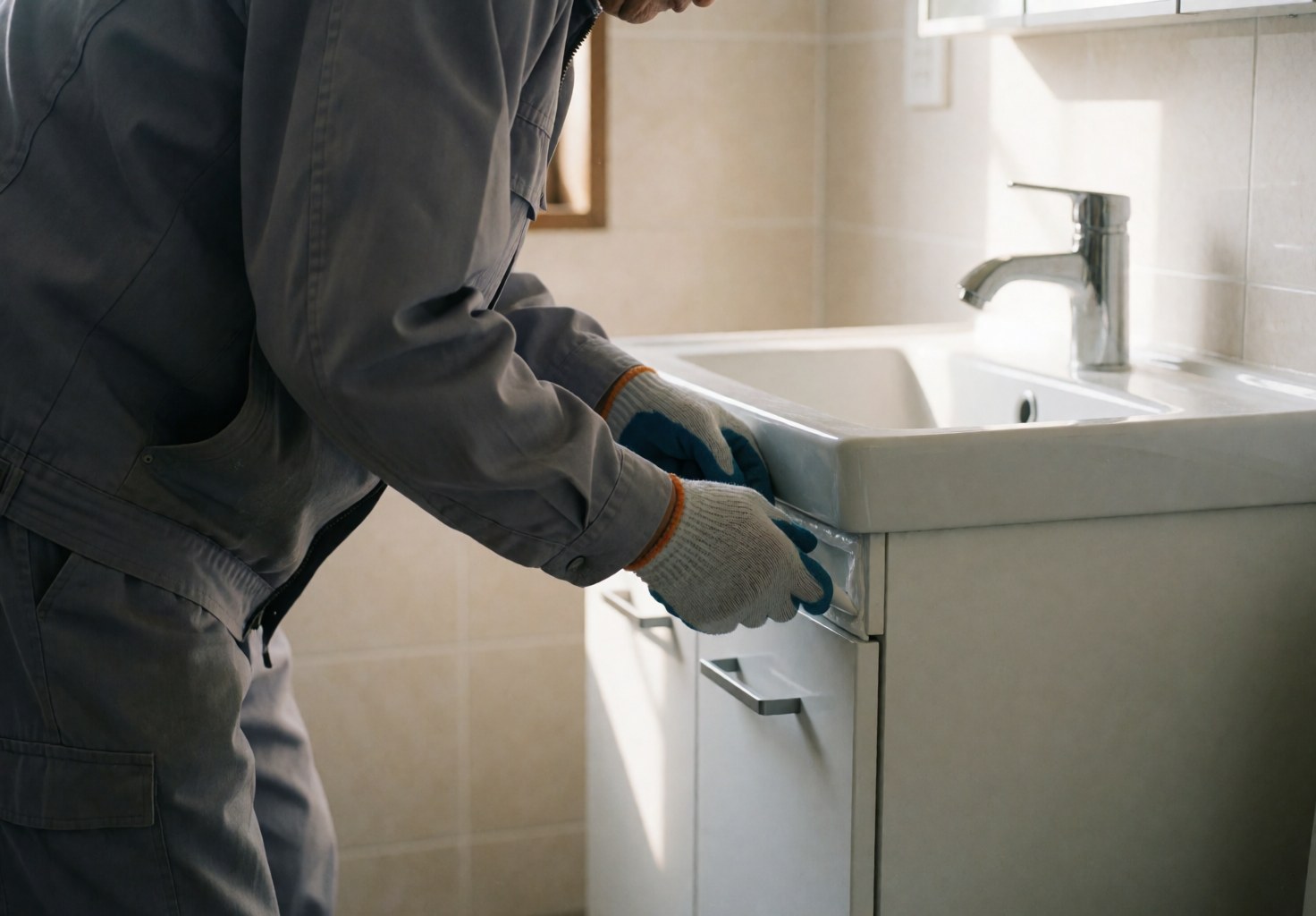 Un ouvrier ganté installe un robinet dans une salle de bain moderne baignée de lumière naturelle, dans un environnement propre et professionnel.