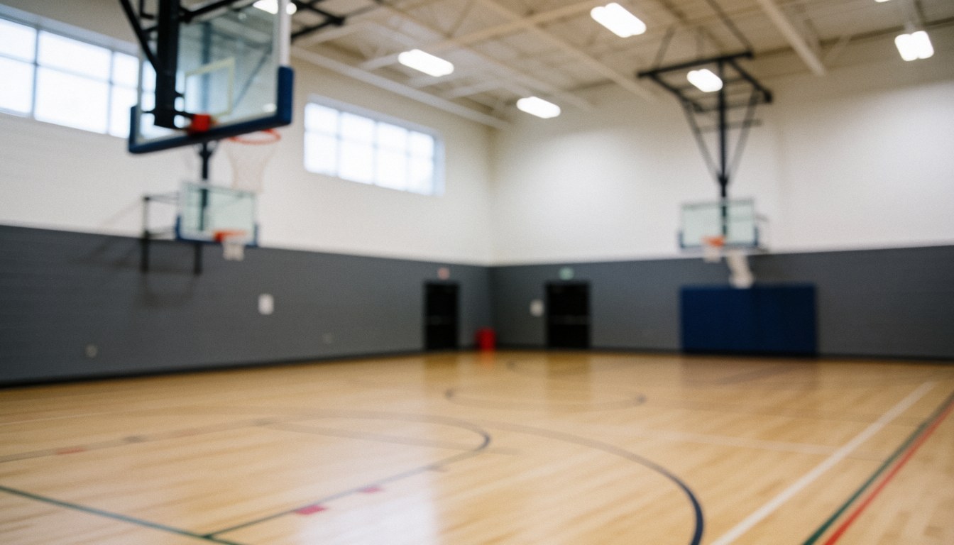 Arrière-plan flou de gymnase avec terrain de basket, murs gris et sol en bois, idéal pour textes sur l'installation de courts de tennis.