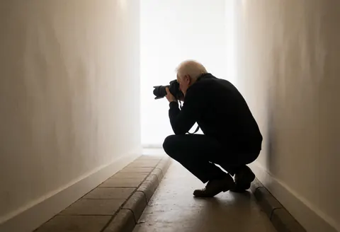 Un photographe professionnel en silhouette, accroupi avec un appareil photo, capture des images dans un couloir aux murs blancs et à la lumière naturelle.