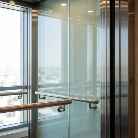 Vue intérieure d'une cabine d'ascenseur moderne dotée de murs en verre trempé et de barres en acier inoxydable poli, baignée de lumière naturelle.